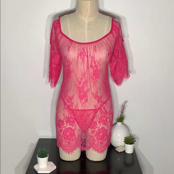 Sheer lace tunic and thong set - Picture 3 of 14